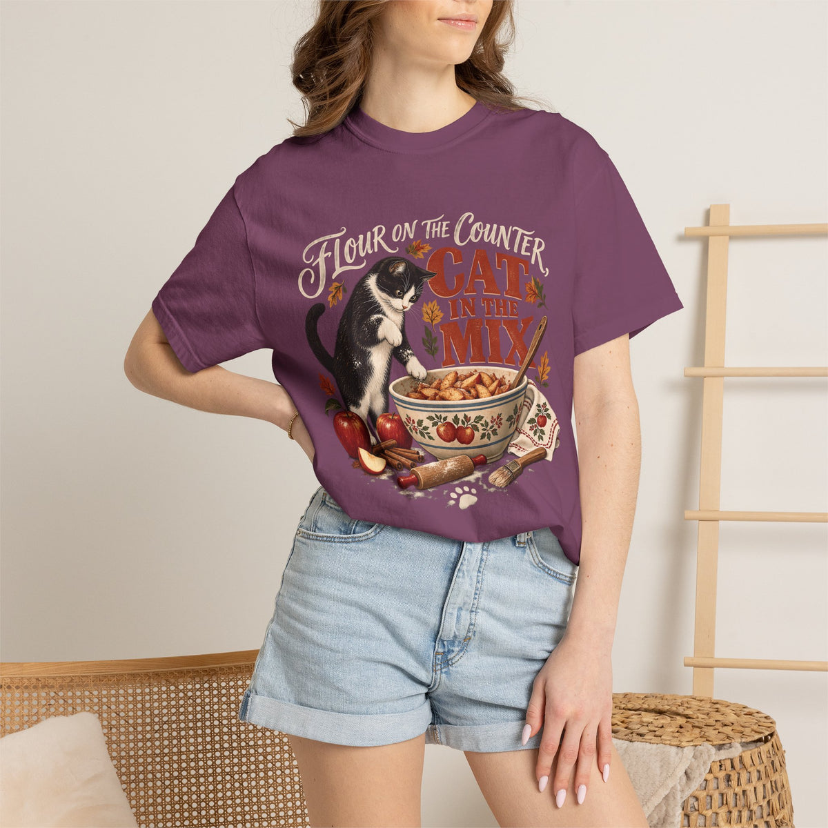 Flour on the Counter Cat in the Mix T-Shirt – Funny Baking Cat Tee