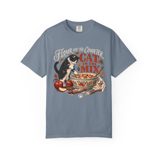 Flour on the Counter Cat in the Mix T-Shirt – Funny Baking Cat Tee