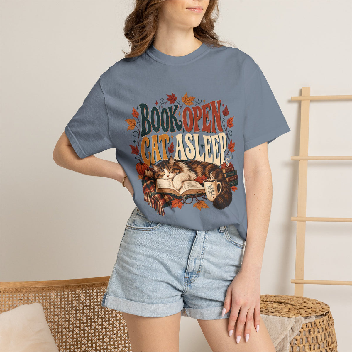 Book Open Cat Asleep T-Shirt – Cozy Cat Lover & Reader Tee