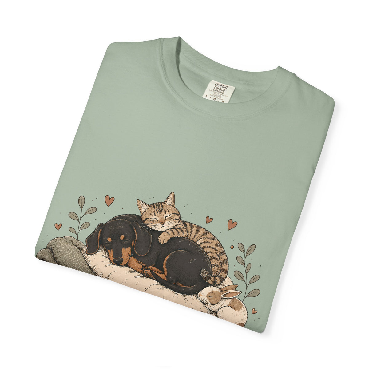 "Home Is Where They Nap" Sleepy Pets T-Shirt – Dachshund, Cat & Bunny Design