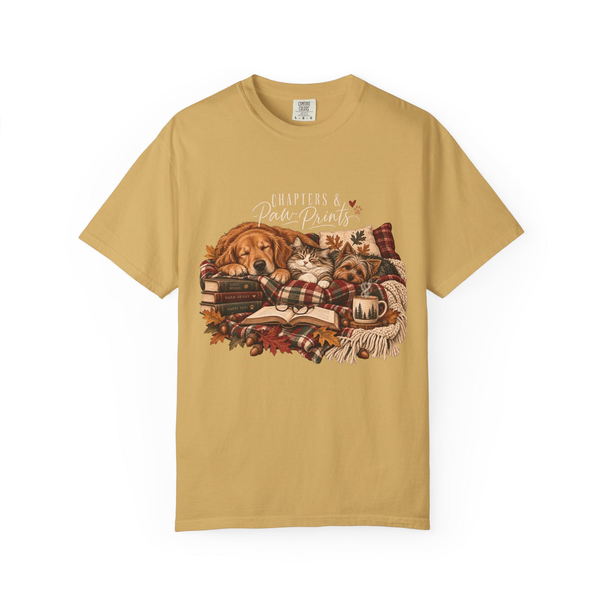 Chapters & Paw Prints T-Shirt – Cozy Book Lover Pet Parent Tee