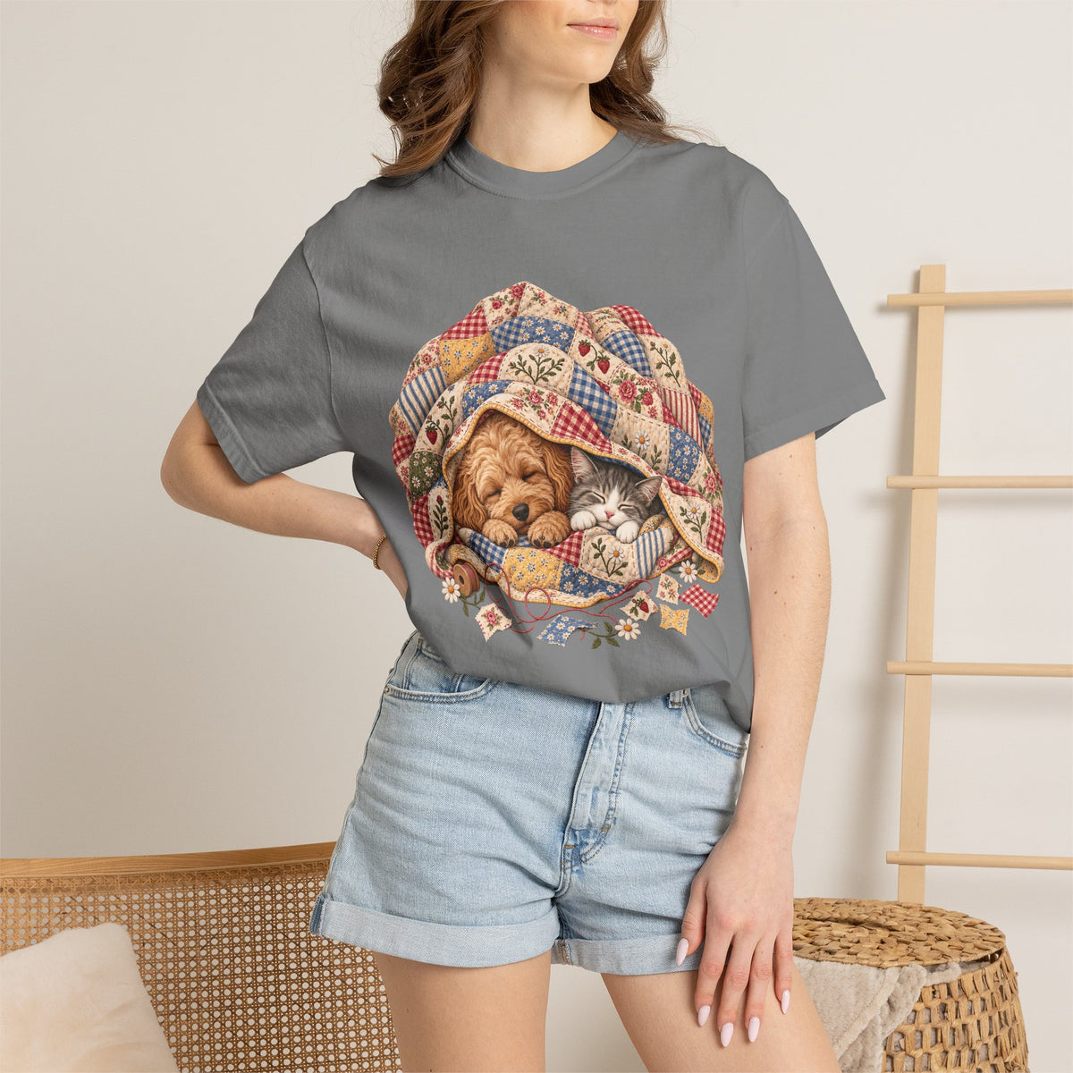Sleeping Puppy & Kitten T-Shirt – Vintage Patchwork Quilt Pet Lover Tee
