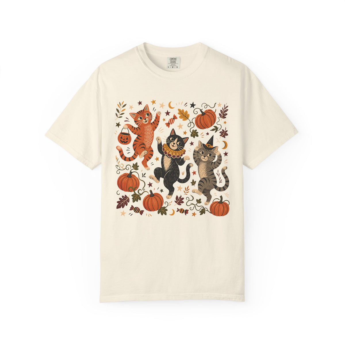 Halloween Cats T-Shirt – Cute Dancing Cats & Pumpkins Fall Cat Lover Tee