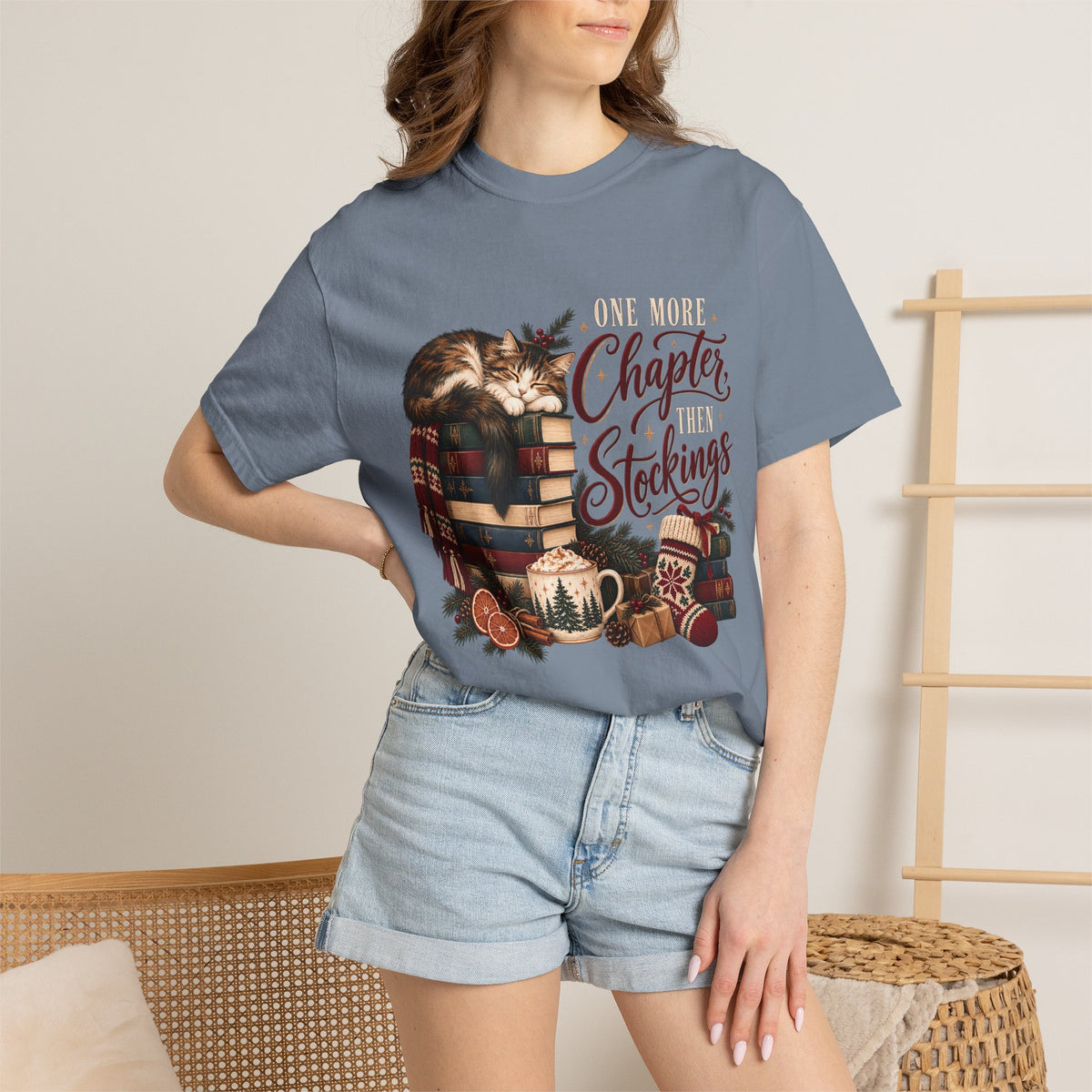 One More Chapter Then Stockings T-Shirt – Christmas Cat & Book Lover Tee