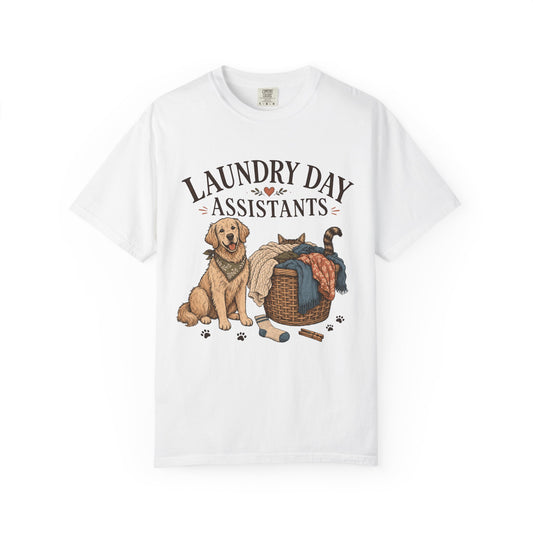 "Laundry Day Assistants" Funny Golden Retriever & Cat T-Shirt