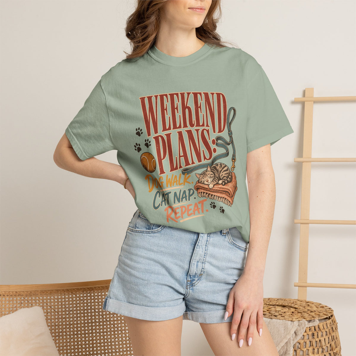 Weekend Plans Dog Walk Cat Nap Repeat T-Shirt – Funny Pet Parent Tee
