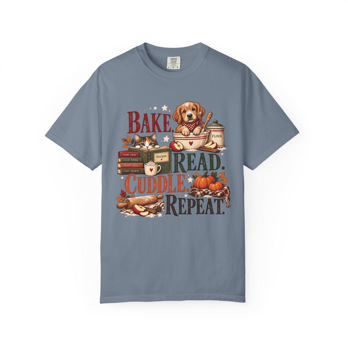 Bake. Read. Cuddle. Repeat. Pet Lover T-Shirt – Cozy Dog & Cat Book Lover Tee