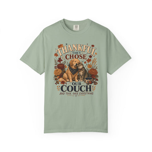 Thankful They Chose Our Couch T-Shirt | Funny Dog & Cat Thanksgiving Shirt