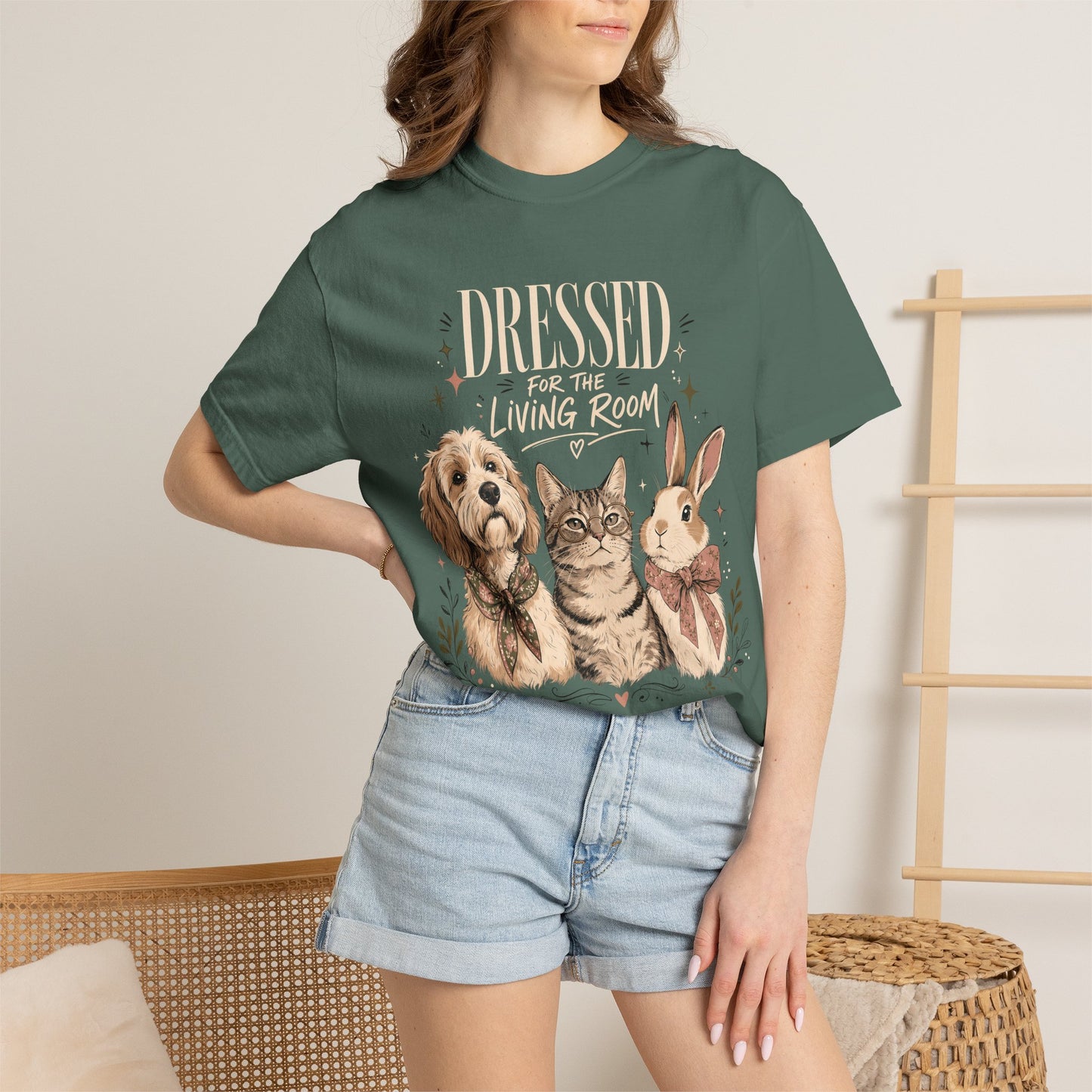"Dressed for the Living Room" Dog, Cat & Bunny T-Shirt