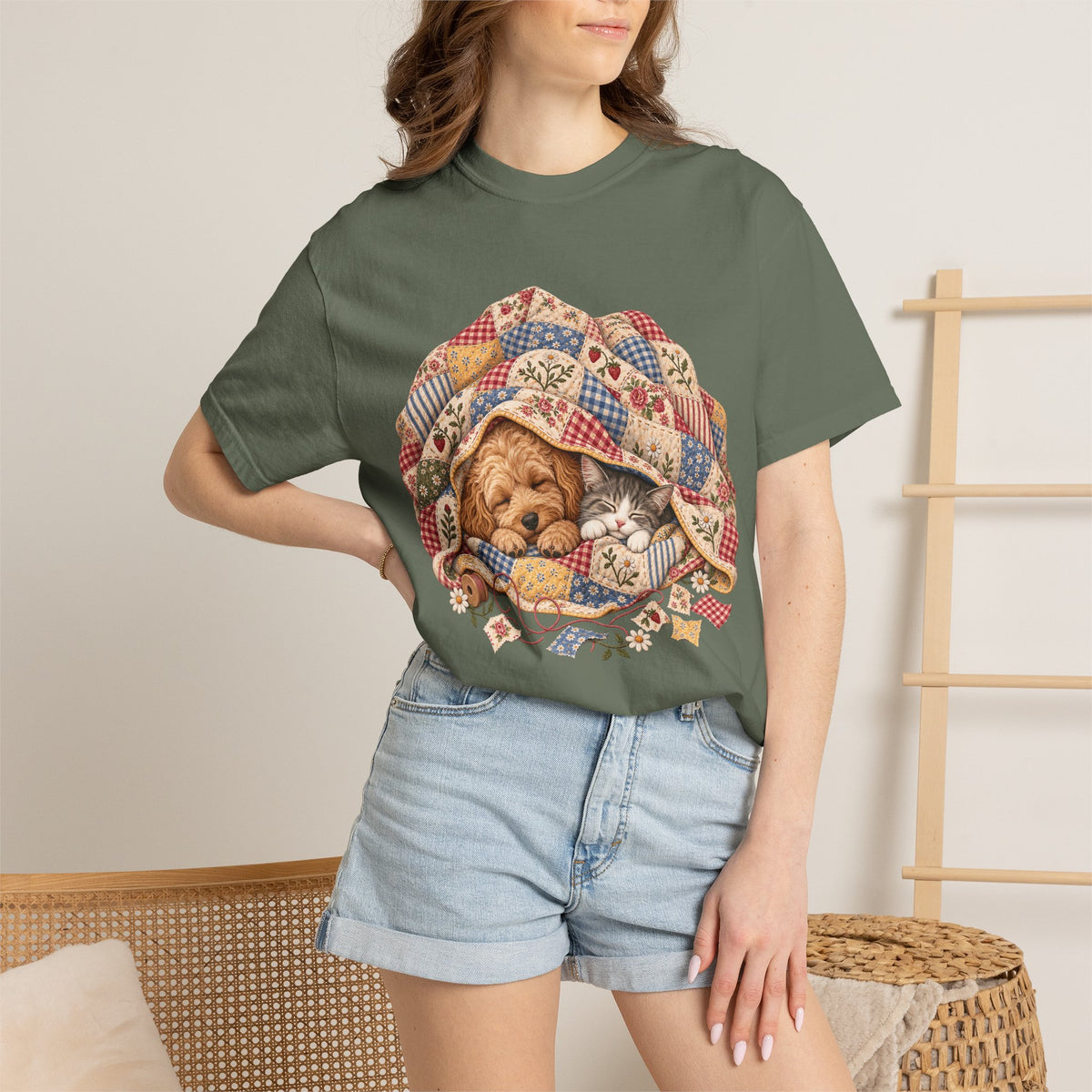 Sleeping Puppy & Kitten T-Shirt – Vintage Patchwork Quilt Pet Lover Tee
