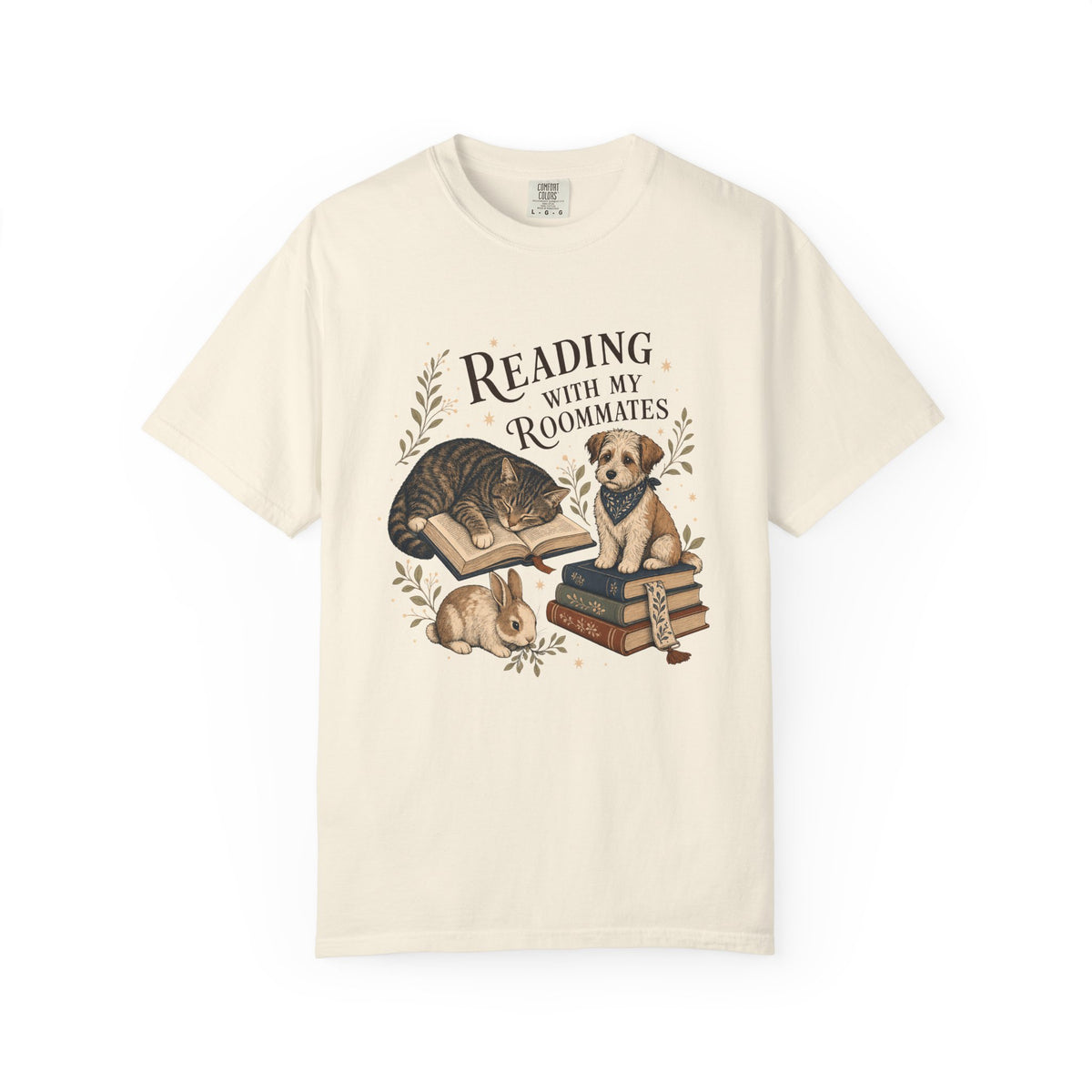 "Reading With My Roommates" Cat, Dog & Bunny Book Lover T-Shirt