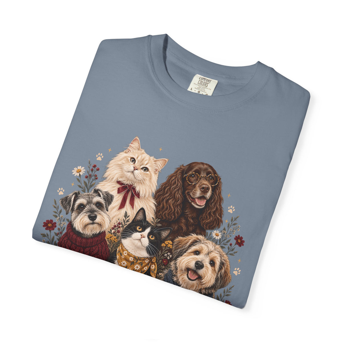 Dog & Cat Family T-Shirt – Vintage Botanical Five Pets Tee