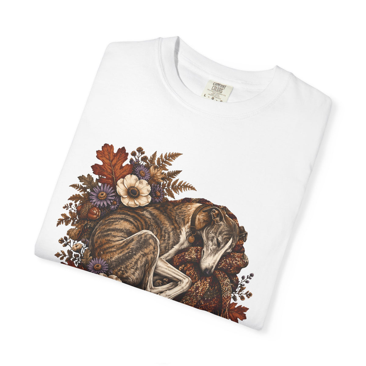 Sleeping Brindle Whippet Grey Hound T-Shirt – Vintage Autumn Sighthound Floral Tee