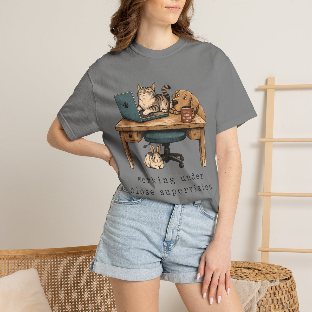 "Working Under Close Supervision" Funny Work From Home Pets T-Shirt