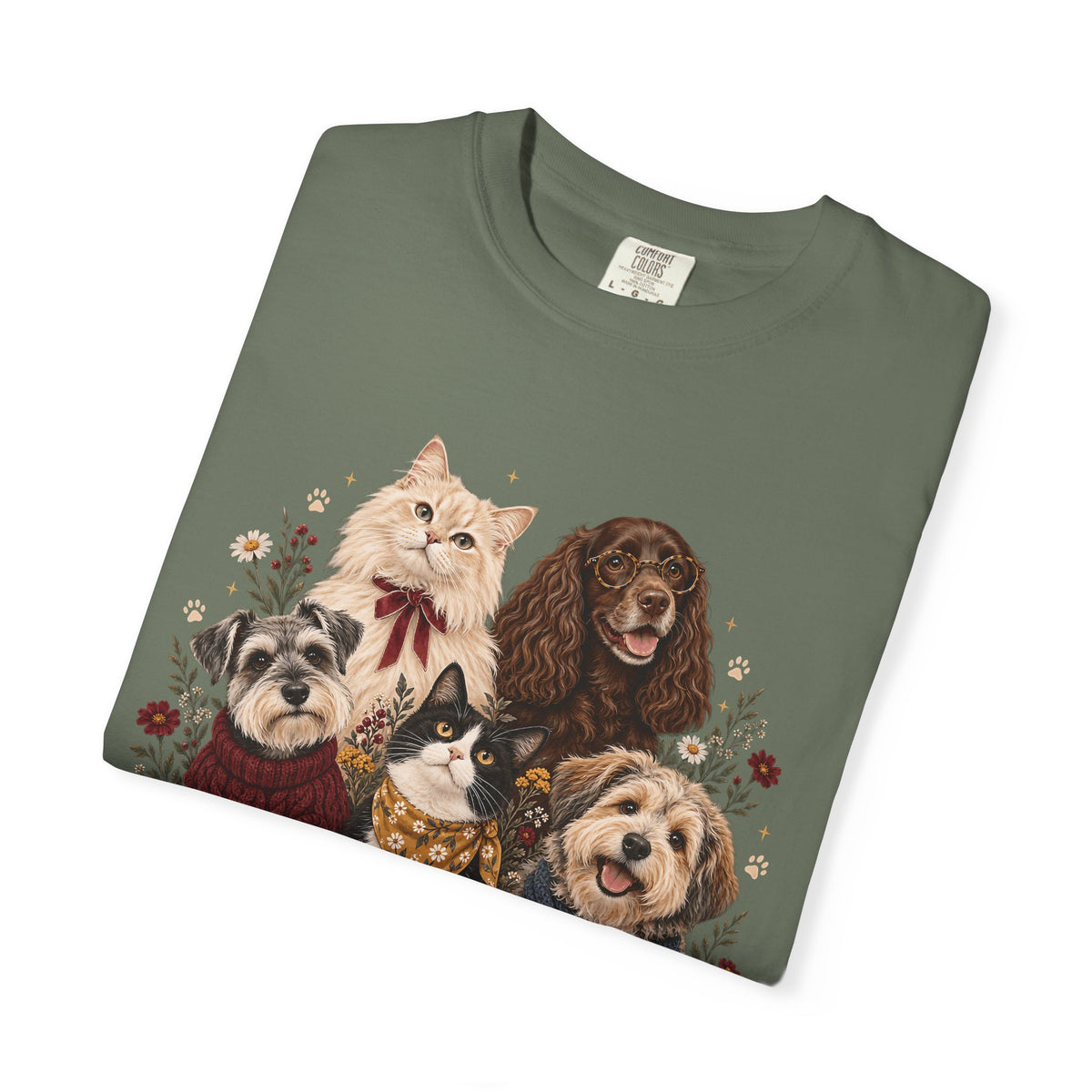 Dog & Cat Family T-Shirt – Vintage Botanical Five Pets Tee