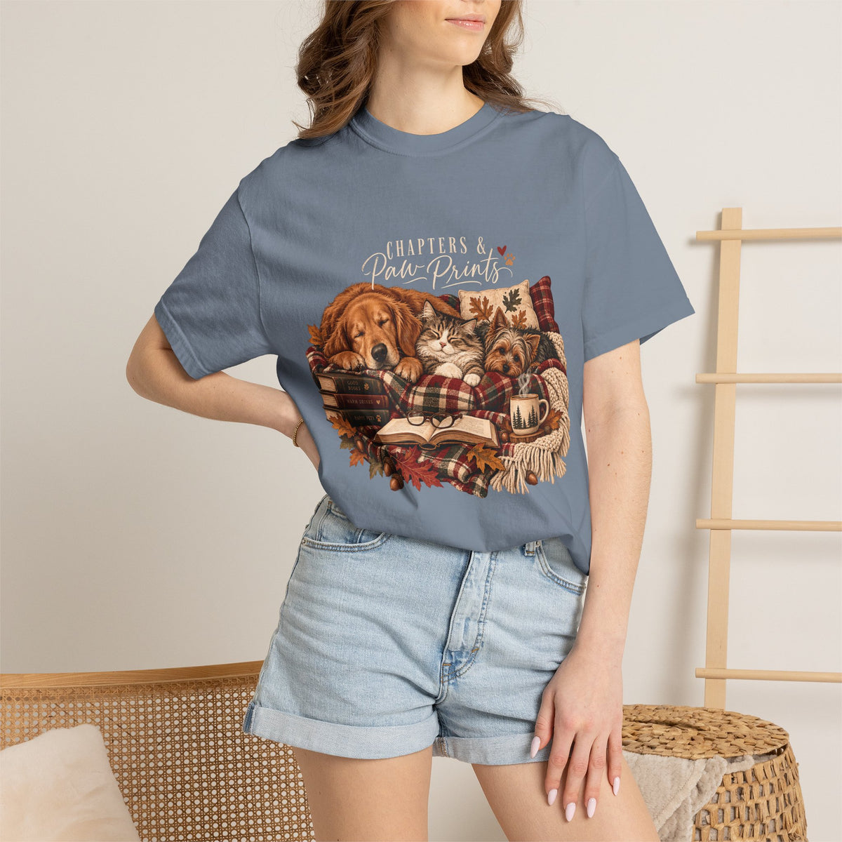 Chapters & Paw Prints T-Shirt – Cozy Book Lover Pet Parent Tee