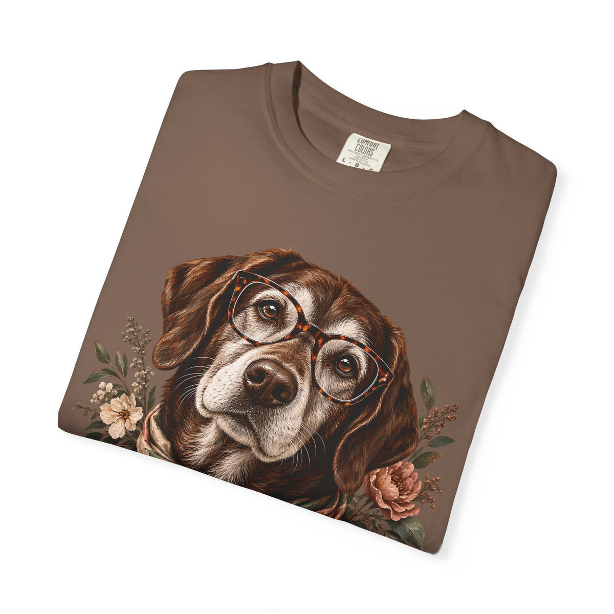 Vintage Floral Dog T-Shirt – Dog with Glasses & Botanical Scarf Tee