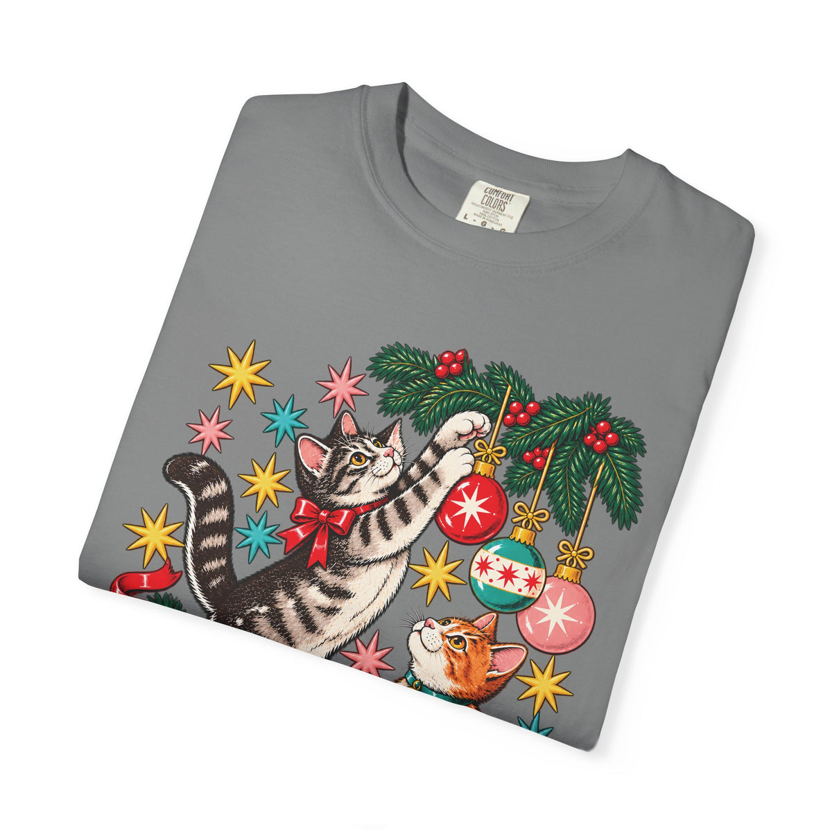 Retro Christmas Cats T-Shirt – Mischievous Cats & Ornaments Tee