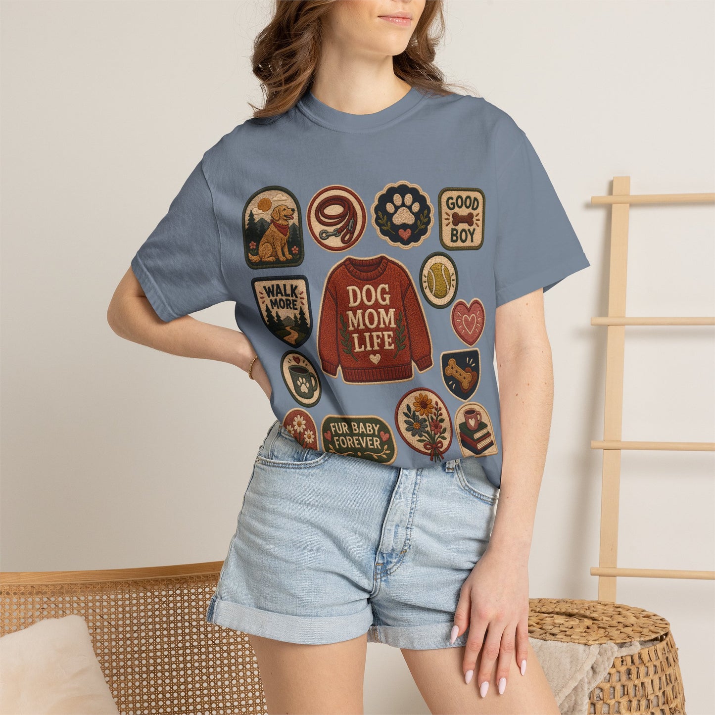 Dog Mom Life Patch — Cute Pet Lover T-Shirt (Patch Effect - Flat Printed Image - No Embroidery on this T-Shirt)