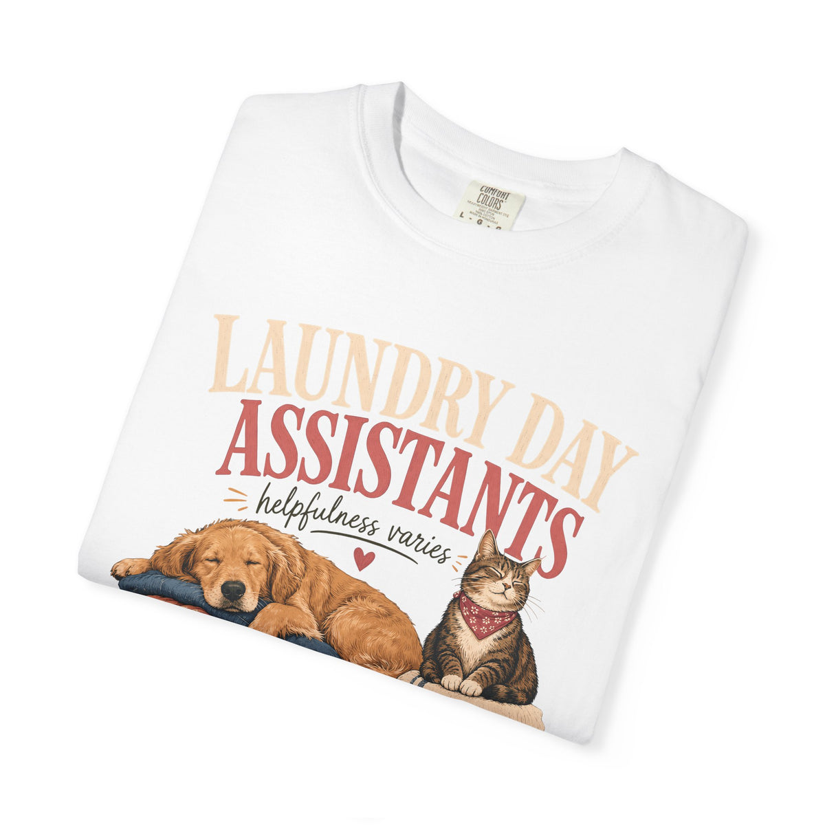 Laundry Day Assistants T-Shirt – Cute Dogs & Cat on Folded Clothes