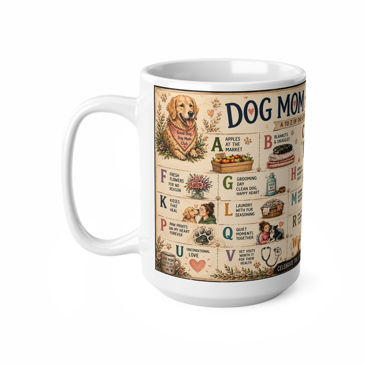 Dog Mom Alphabet Ceramic Coffee Mug — Vintage Illustrated 15oz