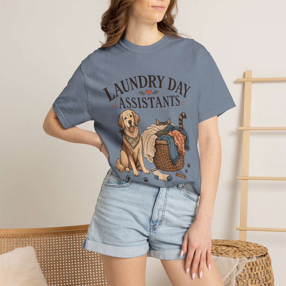"Laundry Day Assistants" Funny Golden Retriever & Cat T-Shirt