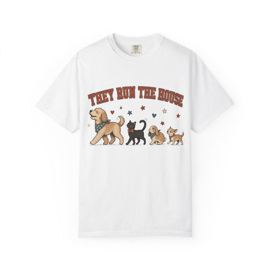 "They Run the House" Funny Multi-Pet T-Shirt – Dog, Cat, Bunny & Chihuahua Design