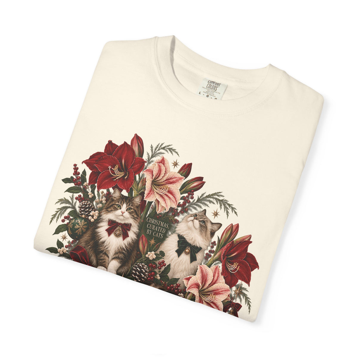 Christmas Curated by Cats T-Shirt – Elegant Vintage Christmas Cat Tee