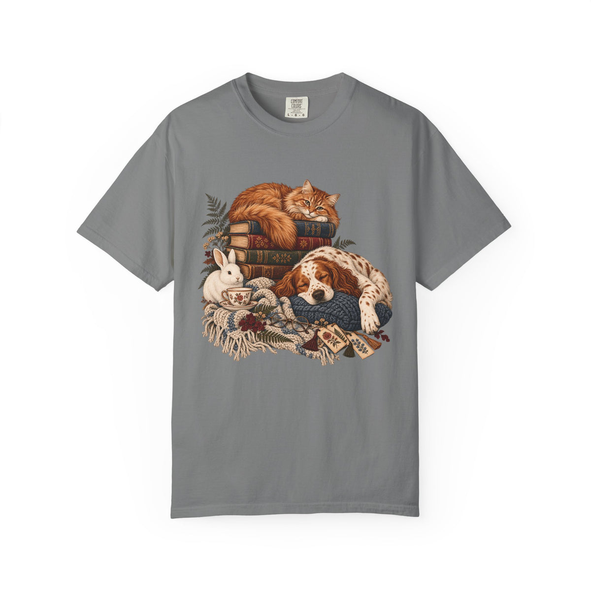 Cozy Reading Pets T-Shirt – Cat, Dog & Bunny Book Lover Tee