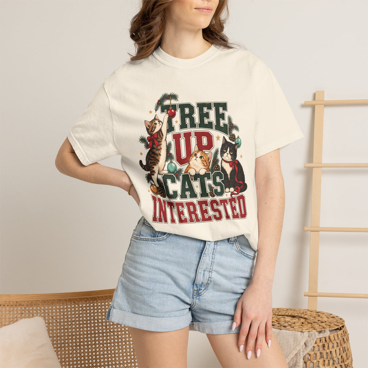 Tree Up Cats Interested T-Shirt – Funny Christmas Cat Lover Tee