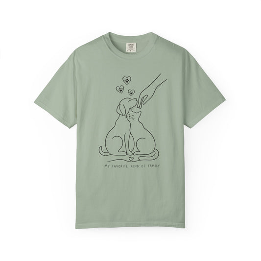 sage green t-shirt with 'my favorite kind of family' text on a white background