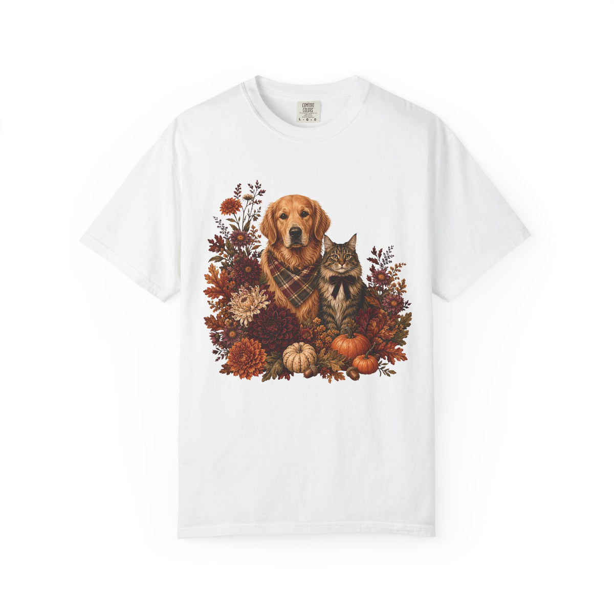 Autumn Dog & Cat Floral T-Shirt – Cozy Fall Pet Lover Graphic T-Shirt