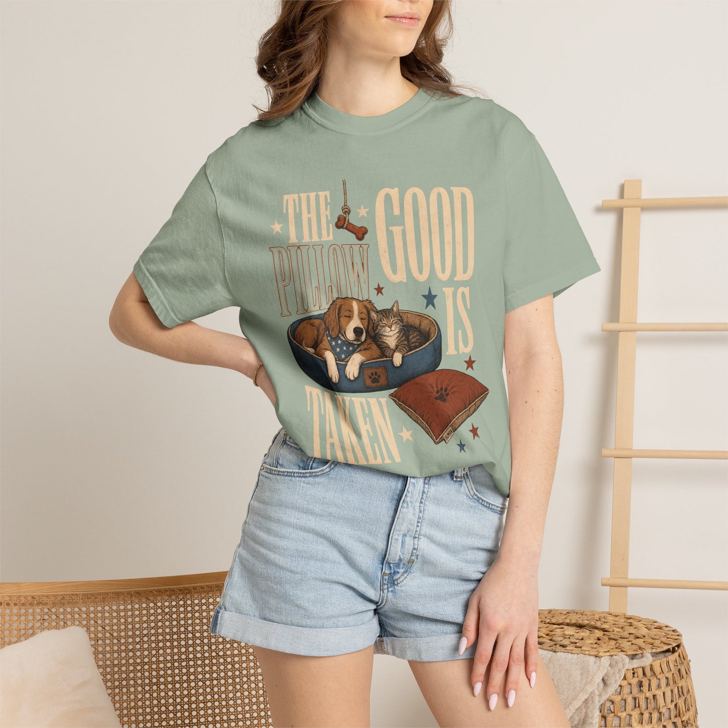 "The Good Pillow Is Taken" Funny Sleeping Dog & Cat T-Shirt