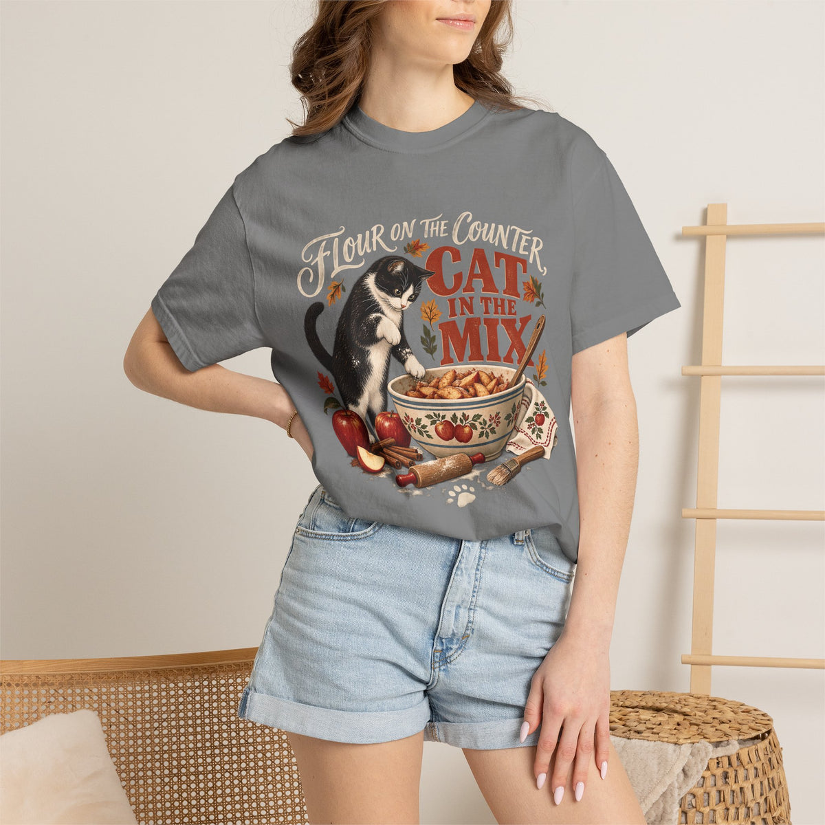 Flour on the Counter Cat in the Mix T-Shirt – Funny Baking Cat Tee