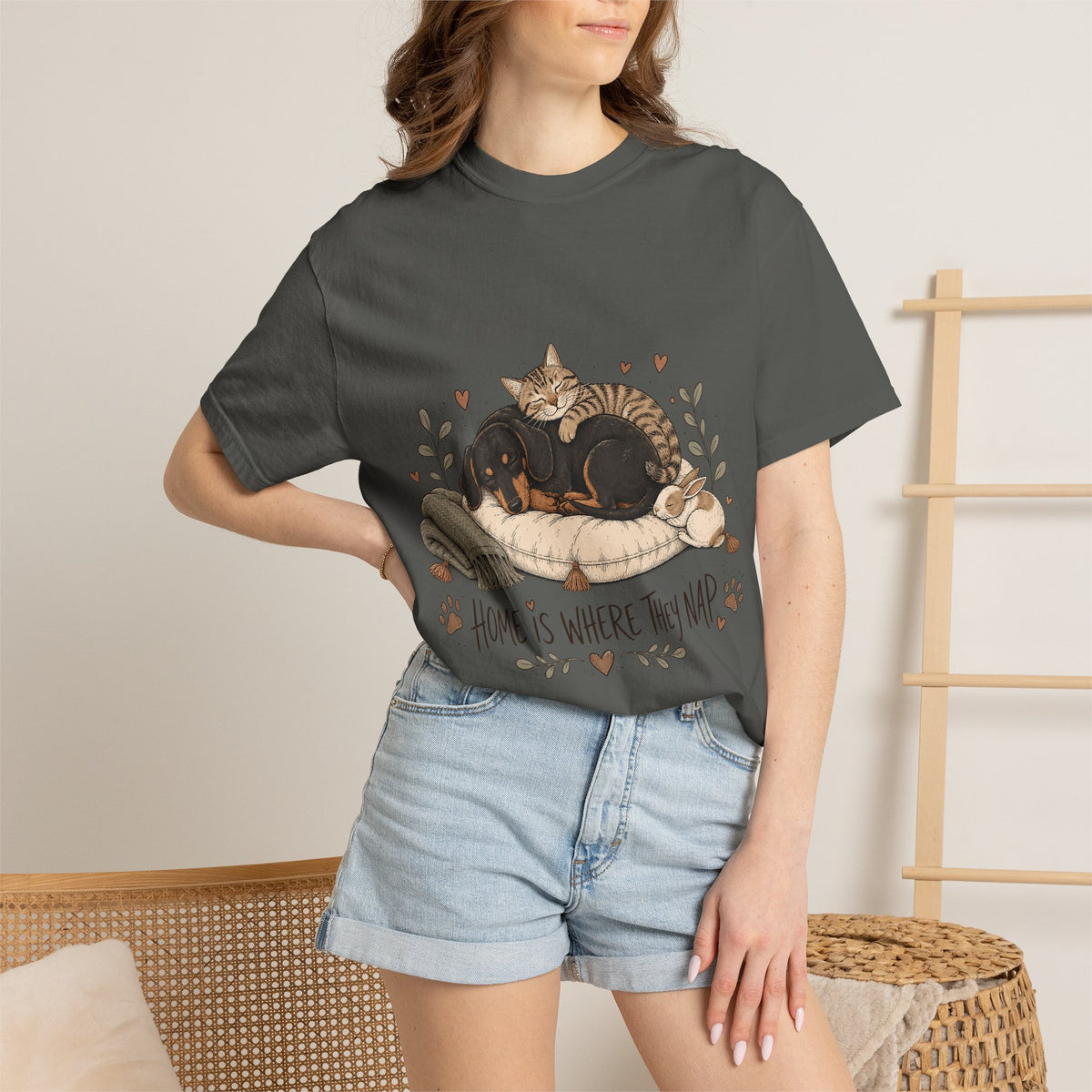 "Home Is Where They Nap" Sleepy Pets T-Shirt – Dachshund, Cat & Bunny Design