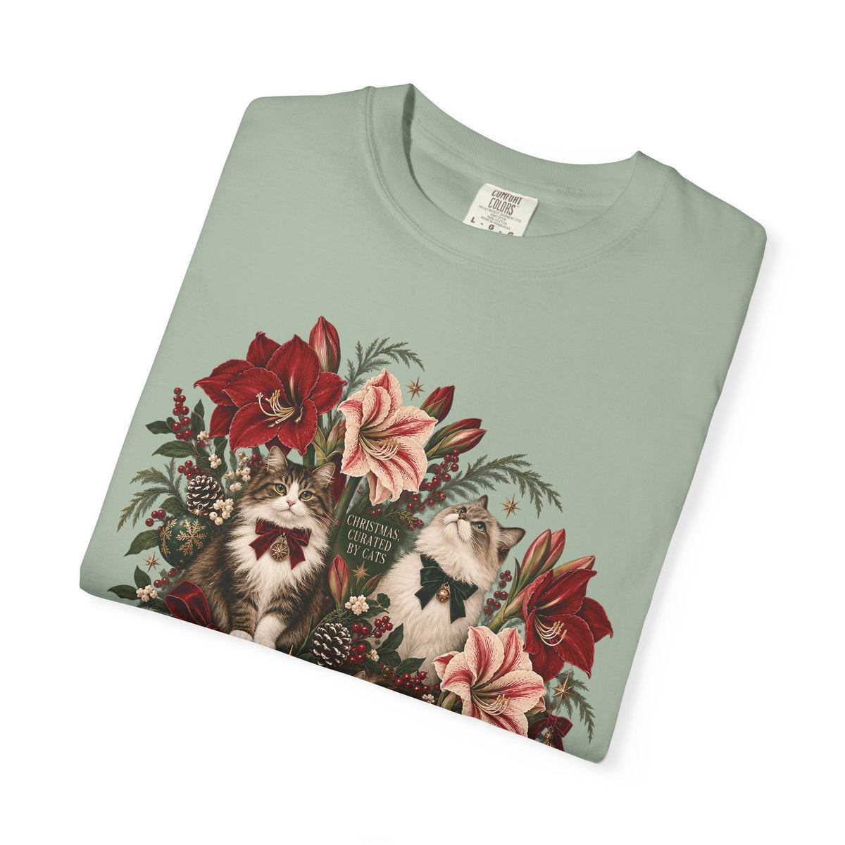 Christmas Curated by Cats T-Shirt – Elegant Vintage Christmas Cat Tee
