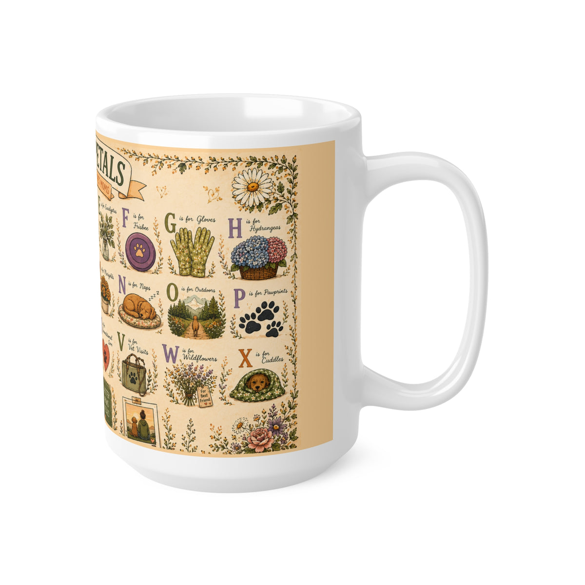 Paws & Petals Alphabet Ceramic Mug — Illustrated A–Z Pet Plants, 15oz Mug