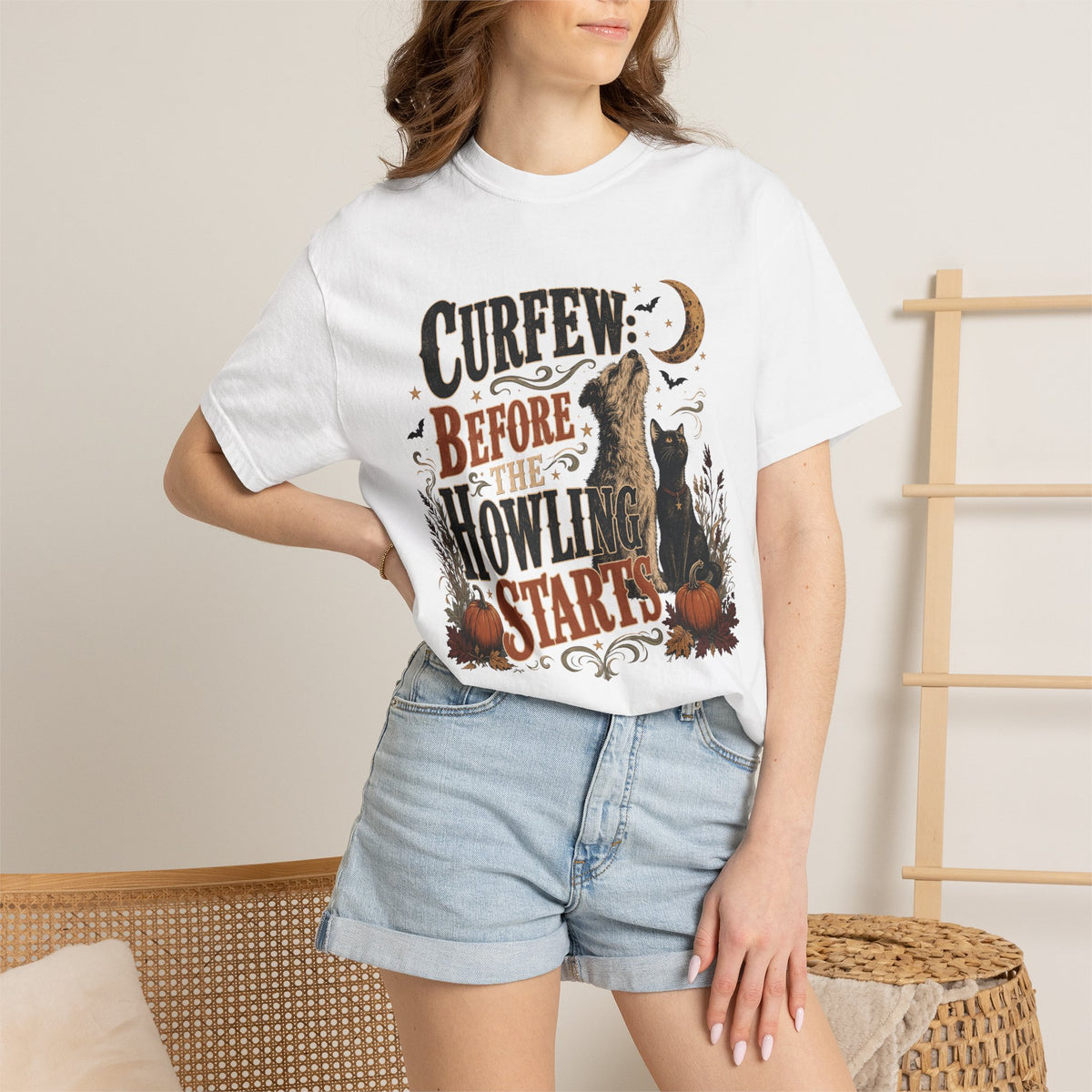 Curfew Before The Howling Starts T-Shirt – Funny Halloween Dog & Cat Tee