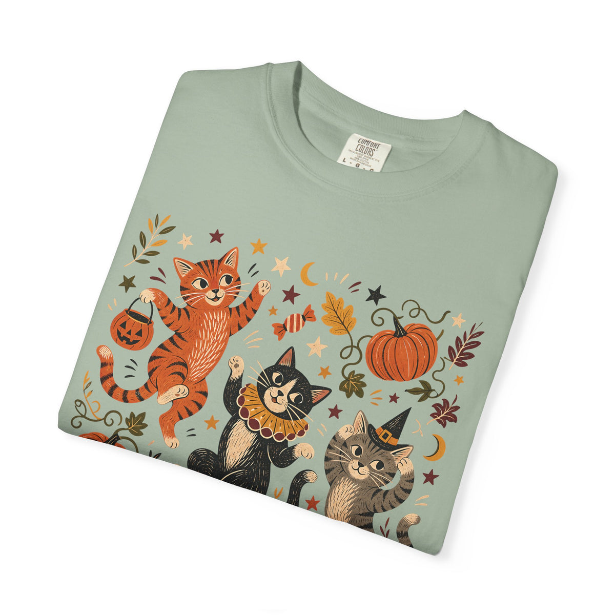 Halloween Cats T-Shirt – Cute Dancing Cats & Pumpkins Fall Cat Lover Tee
