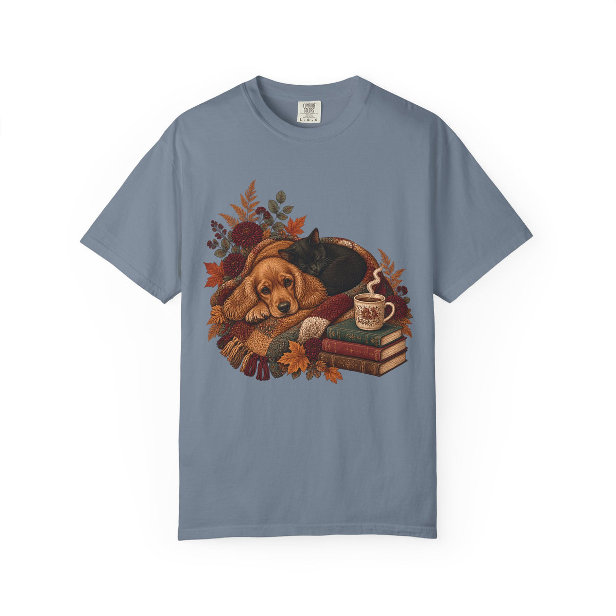 Cozy Autumn Dog & Cat T-Shirt – Sleeping Puppy and Kitten Fall Tee
