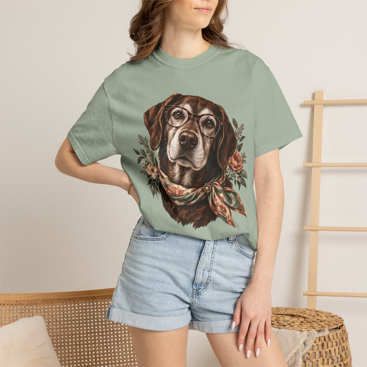 Vintage Floral Dog T-Shirt – Dog with Glasses & Botanical Scarf Tee