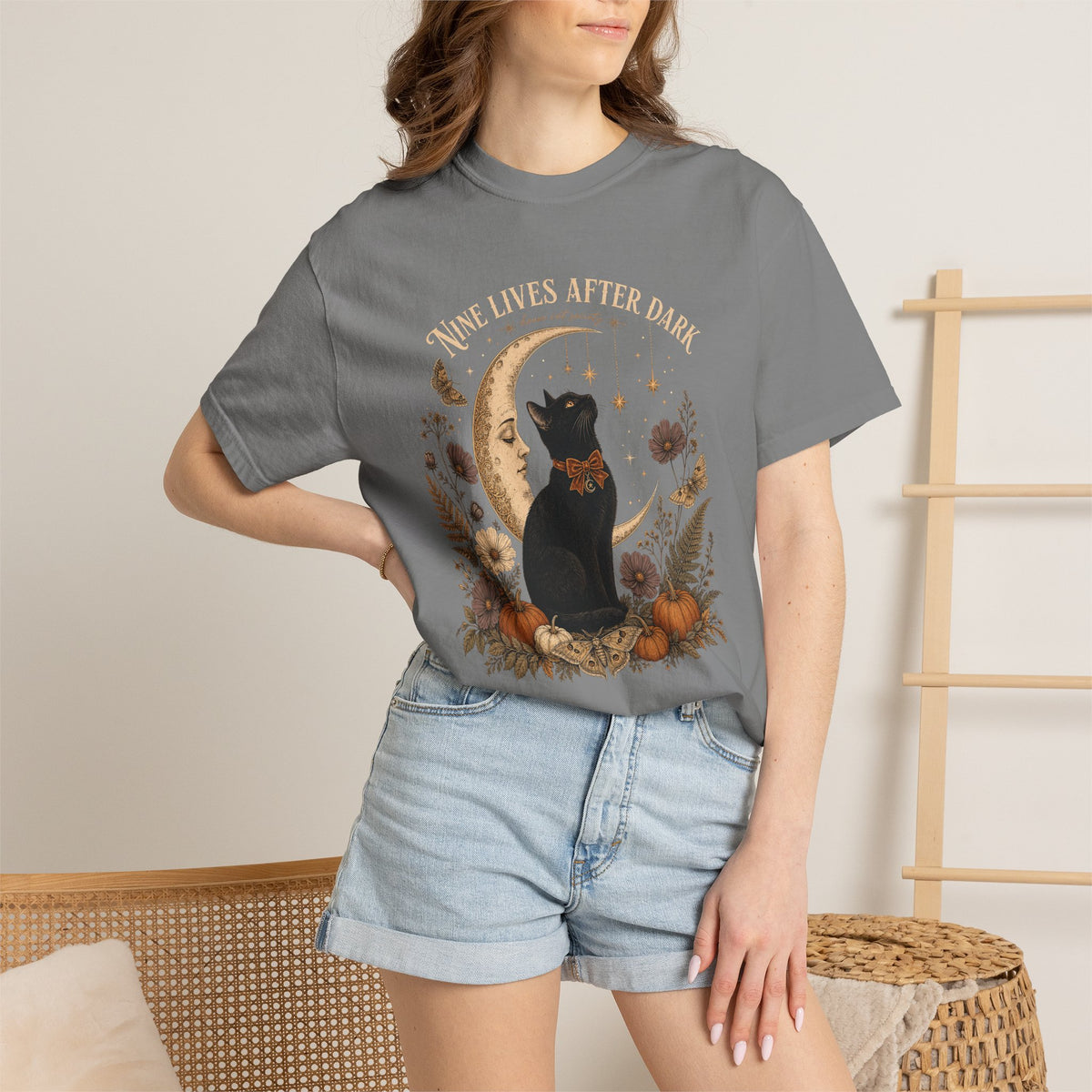 Nine Lives After Dark T-Shirt – Black Cat Celestial Moon Graphic Tee