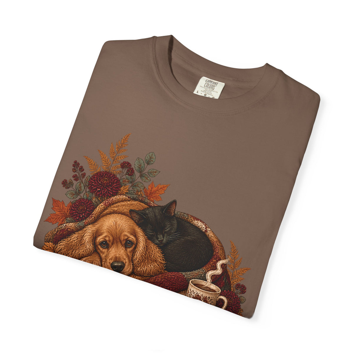 Cozy Autumn Dog & Cat T-Shirt – Sleeping Puppy and Kitten Fall Tee