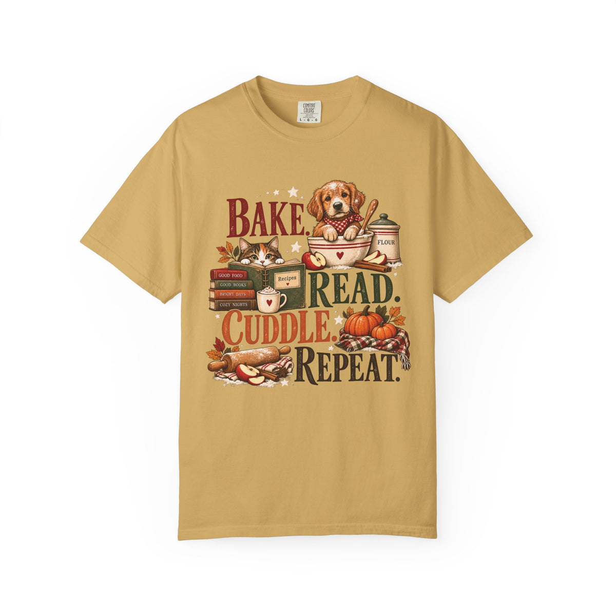 Bake. Read. Cuddle. Repeat. Pet Lover T-Shirt – Cozy Dog & Cat Book Lover Tee