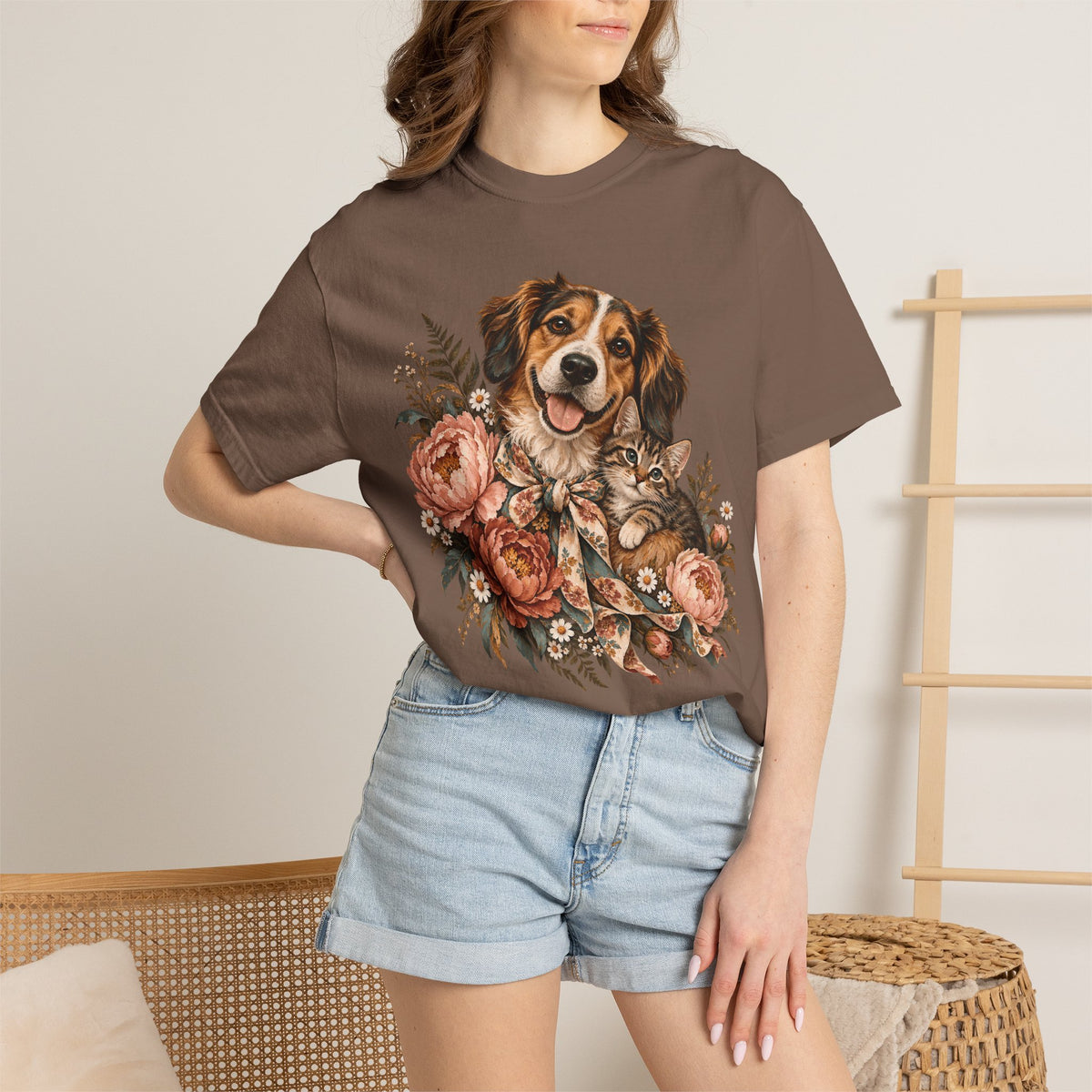 Floral Puppy & Kitten T-Shirt – Vintage Botanical Dog & Cat Lover Tee