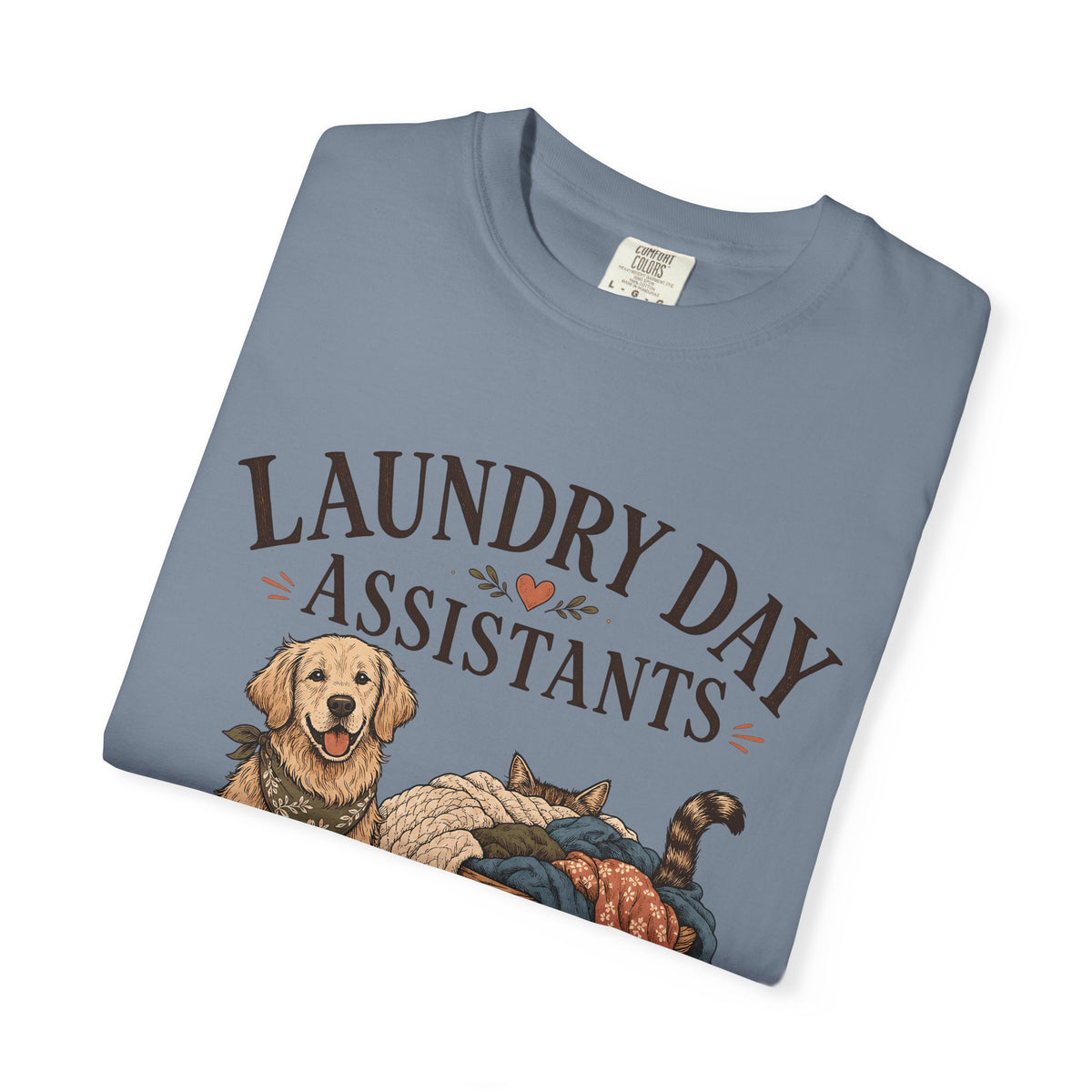 "Laundry Day Assistants" Funny Golden Retriever & Cat T-Shirt