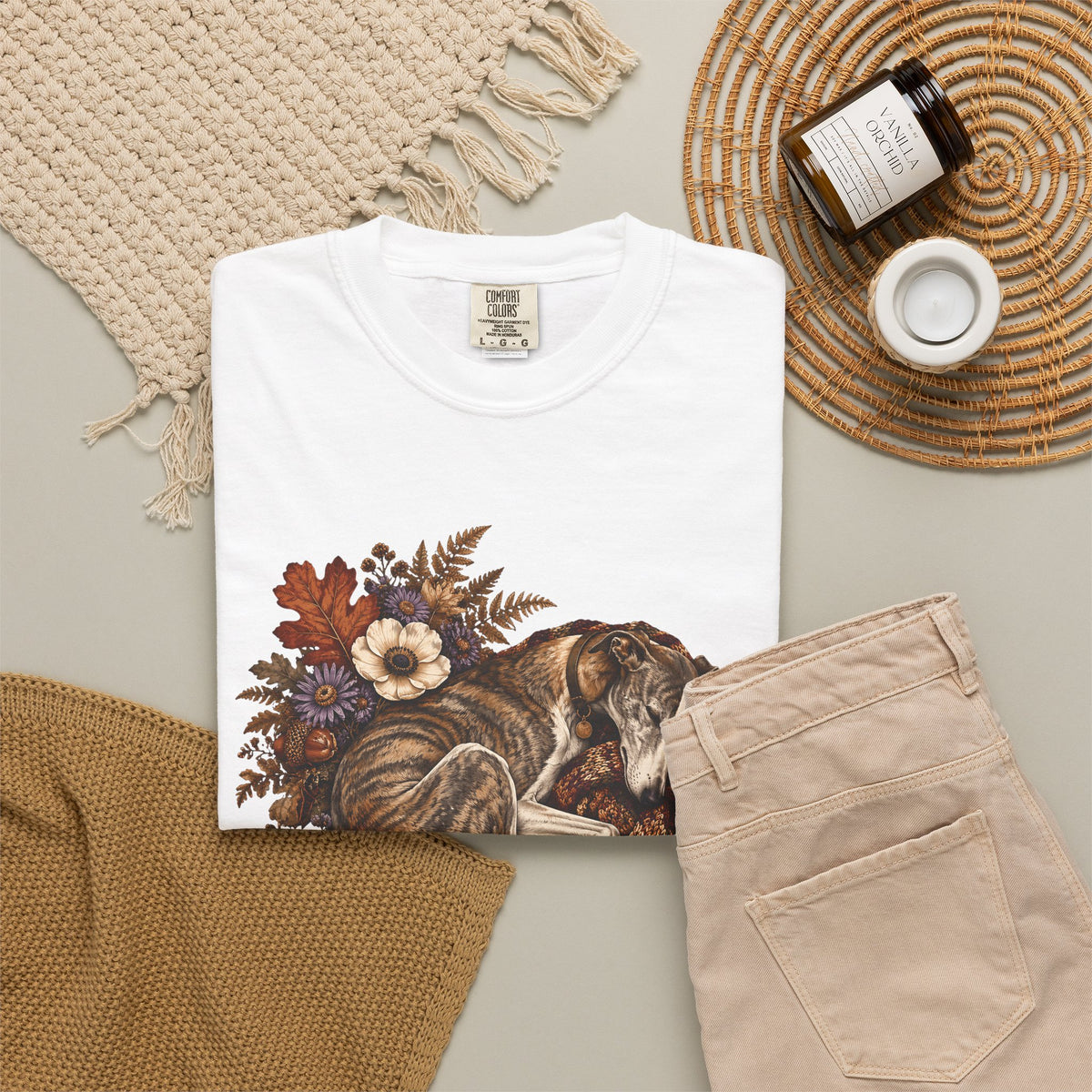 Sleeping Brindle Whippet Grey Hound T-Shirt – Vintage Autumn Sighthound Floral Tee