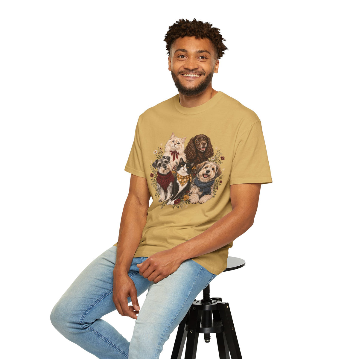 Dog & Cat Family T-Shirt – Vintage Botanical Five Pets Tee
