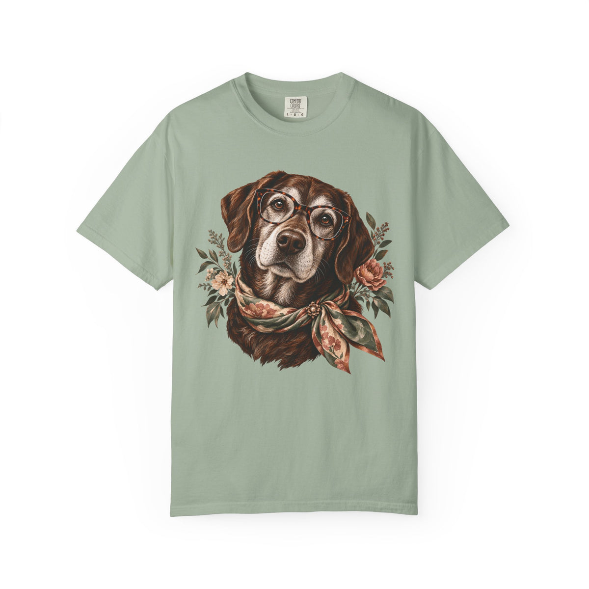 Vintage Floral Dog T-Shirt – Dog with Glasses & Botanical Scarf Tee