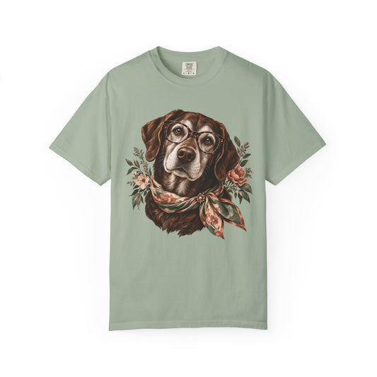 Vintage Floral Dog T-Shirt – Dog with Glasses & Botanical Scarf Tee